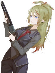 Rule 34 | 1girl, black pants, black shirt, black vest, collared shirt, commission, earrings, elf, formal, green eyes, gun, holding, holding gun, holding weapon, ithaca m37, jewelry, ku&#039;ala, long hair, long sleeves, necktie, original, pants, parted lips, pointy ears, ponytail, pump action, red necktie, shika002, shirt, shotgun, simple background, solo, trigger discipline, vest, weapon, white background