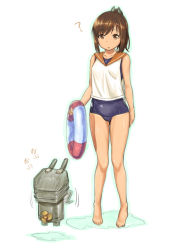 Rule 34 | 10s, 1girl, :o, ?, bare shoulders, barefoot, brown eyes, brown hair, holding, i-401 (kancolle), innertube, inu (aerodog), kantai collection, open mouth, personification, ponytail, rensouhou-chan, sailor collar, school swimsuit, short hair, short ponytail, solo, swim ring, swimsuit, swimsuit under clothes