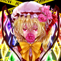 Rule 34 | 1girl, ameya nihachi, blonde hair, buttons, caution tape, embellished costume, female focus, flandre scarlet, flower, flower in mouth, hat, hat ribbon, kinoko (pixiv), pink eyes, ribbon, shirt, short hair, side ponytail, solo, touhou, upper body, vest, wings
