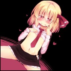 Rule 34 | 1girl, black background, black skirt, blonde hair, blush, closed mouth, clothes lift, commentary request, dutch angle, hair ribbon, licking lips, long shirt, looking at viewer, miniskirt, navel, necktie, razy (skuroko), red eyes, red necktie, red ribbon, ribbon, rumia, shirt, shirt lift, sitting, skirt, smile, solo, stomach, tongue, tongue out, touhou, white shirt