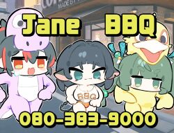 3girls animal_costume black_hair blunt_bangs breasts character_name chibi dancing full_body game_screenshot_background green_eyes green_hair hooters jane_doe_(zenless_zone_zero) jones&#039;_good_ass_bbq_&amp;_foot_massage_(meme) large_breasts meme mouse_girl multiple_girls orange_eyes parody phone_number screenshot_background sima_(exavalon00) sweatdrop twintails zenless_zone_zero