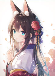 Rule 34 | 1girl, animal ear fluff, animal ears, black hair, blue eyes, breasts, closed mouth, commentary request, floral background, flower, fox ears, grey background, hair between eyes, hair flower, hair ornament, hand up, highres, japanese clothes, kimono, long sleeves, looking at viewer, looking to the side, off shoulder, open clothes, original, petals, red flower, simple background, small breasts, smile, solo, upper body, white kimono, wide sleeves, yonema