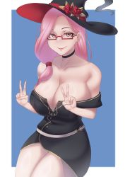 Rule 34 | 1girl, absurdres, bare shoulders, black choker, black dress, border, breasts, choker, cleavage, closed mouth, cojohn, collarbone, double v, dress, female focus, flower, glasses, hair over shoulder, hat, hat flower, highres, hololive, hololive english, huge breasts, long hair, looking at viewer, low-tied long hair, mamamori, matching hair/eyes, mature female, mori calliope, off-shoulder dress, off shoulder, pink eyes, pink hair, red flower, red rose, rose, short dress, smile, solo, thighs, v, virtual youtuber, white border, wide hips, witch, witch hat