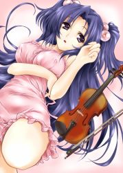 Rule 34 | 00s, 1girl, bad id, bad pixiv id, blue hair, clannad, covered erect nipples, hair bobbles, hair ornament, ichinose kotomi, instrument, lingerie, long hair, negligee, purple eyes, sasakuma kyouta, solo, twintails, two side up, underwear, violin
