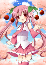 Rule 34 | 1girl, bad id, bad pixiv id, cherry, cherry blossoms, day, detached sleeves, food, fruit, hatsune miku, long hair, nail polish, necktie, open mouth, oumi neneha, pink hair, red eyes, sakura miku, skirt, sky, solo, thighhighs, twintails, very long hair, vocaloid