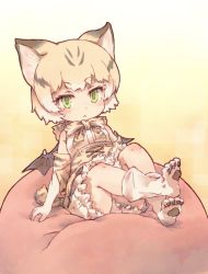 Rule 34 | 1girl, :&lt;, animal ears, animal print, bare shoulders, bat wings, bean bag chair, blonde hair, bow, bowtie, cat ears, cat print, cat tail, commentary request, common vampire bat (kemono friends), elbow gloves, frilled skirt, frills, fusion, gloves, green eyes, high-waist skirt, highres, kemono friends, kolshica, mewhan, no shoes, paw print, sand cat (kemono friends), short hair, sitting, skirt, sleeveless, socks, tail, voice actor connection, wings