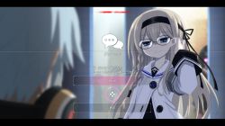 Rule 34 | 1girl, blonde hair, blue eyes, blush, braid, choice, dialogue box, fake screenshot, glasses, gretel (mary skelter), hair ornament, letterboxed, looking at viewer, mary skelter, mizunashi (second run), solo, translation request