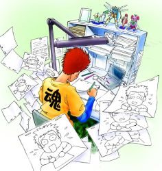 Rule 34 | 1boy, animation paper (object), animator, annkoku daimaou, blue shirt, blush, bulletin board, cargo pants, clock, desk, desk lamp, drawing, drawing equipment, dvd player, envelope, eraser, closed eyes, figure, from above, from behind, green background, green legwear, highres, holding, holding pencil, lamp, male focus, manila envelope, mechanical pencil, original, pants, paper stack, pencil, picture frame, pushpin, red hair, ruler, shelf, shirt, solo, spiked hair, sweatdrop, t-shirt, tape, tearing up, translated, undershirt, yellow shirt