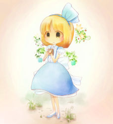Rule 34 | 1girl, alice margatroid, alice margatroid (pc-98), apple, berry, blonde hair, book, hugging book, bow, dandelion, dress, female focus, flower, food, frown, fruit, gradient background, grass, hair ribbon, hexagram, high heels, holding, holding book, looking at viewer, hugging object, petticoat, puffy short sleeves, puffy sleeves, ribbon, serra (serarine), shoes, short hair, short sleeves, solo, touhou, touhou (pc-98), yellow eyes