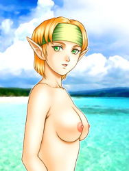 Rule 34 | 1girl, blue sky, breasts, cloud, collarbone, elf, female focus, gensou suikoden, gensou suikoden iv, green eyes, green headband, happy, headband, kitamura (bamboo), looking at viewer, nipples, open mouth, orange hair, outdoors, paula (suikoden), pointy ears, short hair, sky, smile, solo, tongue, topless, topless frame, upper body, water