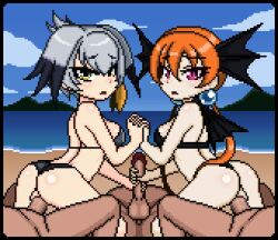 Rule 34 | 2girls, 3boys, alisa southerncross, animated, animated gif, beach, bikini, blush, bouncing breasts, breasts, cooperative handjob, crossover, cum, cum in pussy, cum on hands, erowolf, grey hair, group sex, handjob, holding hands, interlocked fingers, kemono friends, keroro gunsou, large breasts, large penis, looking at viewer, looking back, multiple boys, multiple girls, orange hair, outdoors, penis, pink eyes, pixel art, reverse cowgirl position, sex, sex from behind, shoebill (kemono friends), straddling, swimsuit, tagme, vaginal, yellow eyes