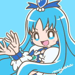 Rule 34 | &gt;:), 1girl, blue background, blue bow, blue choker, blue eyes, blue hair, blush, bow, bright pupils, brooch, choker, cure marine, earrings, hair ornament, heart, heart brooch, heartcatch precure!, highres, jewelry, kurumi erika, long hair, looking at viewer, magical girl, mayena, open mouth, outline, precure, ribbon, signature, simple background, smile, solo, twitter username, upper body, v-shaped eyebrows, white outline, white pupils, wrist cuffs