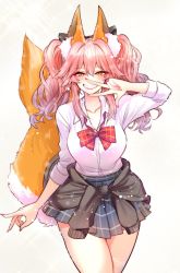 Rule 34 | 1girl, animal ear fluff, animal ears, blush, commentary request, fate/extra, fate/grand order, fate (series), female focus, fox ears, fox girl, hair between eyes, highres, lipstick, looking at viewer, makeup, nail polish, shirt, simple background, skirt, smile, solo, tamamo (fate), tamamo no mae (fate/extra), thighs, white background, wisespeak, yellow eyes