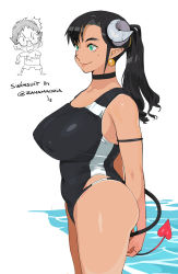 Rule 34 | 1girl, black choker, black hair, black one-piece swimsuit, borrowed design, breasts, choker, commentary, competition swimsuit, conto, covered navel, curled horns, curvy, demon girl, demon tail, dera (conto), earrings, english commentary, covered erect nipples, highres, horns, huge breasts, jewelry, keita (conto), long hair, mole, mole under eye, one-piece swimsuit, original, pointy ears, sheep horns, standing, demon girl, swimsuit, tail, water