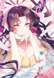 Rule 34 | 1boy, 1girl, air bubble, black footwear, black hair, black horns, blue hair, blush, breasts, bubble, cleavage, closed mouth, coat, commentary, facing another, facing up, falling petals, fate/grand order, fate (series), fingernails, forehead tattoo, gold necklace, hair ribbon, hair rings, hands in pockets, hands up, hans christian andersen (adult) (fate), hans christian andersen (fate), head on hand, head rest, highres, horns, huge breasts, interlocked fingers, jewelry, long hair, long sleeves, looking at another, looking down, multicolored horns, nail polish, necklace, pants, parted bangs, petals, pink horns, pink nails, pink ribbon, ribbon, sessyoin kiara, sessyoin kiara (swimsuit mooncancer), sessyoin kiara (swimsuit mooncancer) (third ascension), short hair, smile, tsuyukusa (eeta7273), two-tone horns, white coat, white pants, yellow eyes