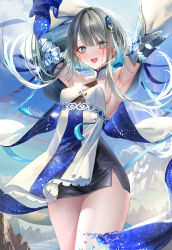 Rule 34 | 1girl, absurdres, armpits, blue eyes, blush, breasts, collarbone, commentary request, detached sleeves, genshin impact, grey hair, guizhong (genshin impact), hair ornament, highres, long hair, long sleeves, looking at viewer, medium breasts, open mouth, outdoors, paid reward available, pottsness, smile, solo, thighs, twitter username