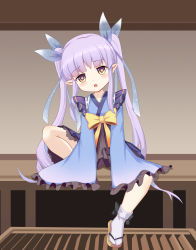 Rule 34 | 1girl, absurdres, black skirt, blue kimono, elf, highres, japanese clothes, kimono, knee up, kyoka (princess connect!), long hair, open mouth, pointy ears, princess connect!, princess connect!, purple eyes, purple hair, ribbon, sandals, sitting, skirt, solo, spread legs, tabi, the hermit, twintails, very long hair, white footwear