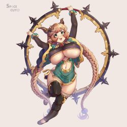 Rule 34 | 1girl, artist name, black thighhighs, blush, bracelet, braid, breasts, carmelina (granblue fantasy), chakram, clothing cutout, draph, dress, granblue fantasy, green eyes, highres, holding, holding weapon, hoop, horns, huge breasts, jewelry, knee pads, long hair, microdress, navel, navel cutout, no socks, pointy ears, revealing clothes, short sleeves, shortstack, side slit, simple background, smile, solo, space cuyo, thighhighs, twin braids, underboob, underboob cutout, v-shaped eyebrows, very long hair, weapon, white background, wide hips, wide sleeves
