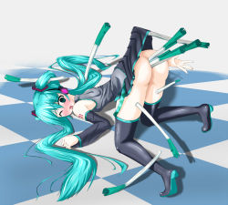 Rule 34 | 1girl, all fours, anal, anal object insertion, aqua hair, bare shoulders, blush, cadia, clothes lift, detached sleeves, dildo, dress, dress lift, empty eyes, food, food insertion, green eyes, hatsune miku, headset, invisible, large insertion, long hair, looking back, multiple insertions, negi suppository, no panties, object insertion, one eye closed, open mouth, saliva, sex toy, skirt, solo, spring onion, thighhighs, too many, too many sex toys, top-down bottom-up, totose manaka, twintails, vegetable, very long hair, vocaloid, wink