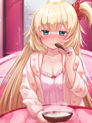 Rule 34 | 1girl, akai haato, aqua eyes, blonde hair, blush, bowl, breasts, cleavage, commentary request, eating, food, hair ornament, half-closed eyes, heart, heart hair ornament, heart print, highres, holding, holding spoon, hololive, indoors, long hair, long sleeves, looking at viewer, magowasabi, medium breasts, on bed, one side up, pajamas, pink pajamas, porridge, print pajamas, revision, sick, solo, spoon, utensil in mouth, very long hair, virtual youtuber