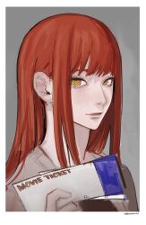 Rule 34 | 1girl, border, chainsaw man, grey background, highres, kamo (kamonegioisi), light smile, long hair, looking at viewer, makima (chainsaw man), red hair, ringed eyes, sidelocks, sideways glance, simple background, solo, ticket, white border, yellow eyes