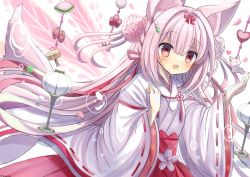 Rule 34 | 1girl, animal ears, blush, bow, bubble, cherry blossoms, dango, dango hair ornament, falling petals, flower, food, food-themed hair ornament, fox ears, fox girl, fox tail, hair bow, hair flower, hair intakes, hair ornament, hair ribbon, hakama, hakama skirt, hane., japanese clothes, kimono, long hair, long sleeves, original, petals, pink eyes, pink hair, ribbon, ribbon-trimmed sleeves, ribbon trim, sanshoku dango, skirt, solo, tail, two side up, very long hair, wagashi, wide sleeves, wind chime