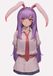 Rule 34 | 1girl, animal ears, arms behind back, bad id, bad pixiv id, blush, closed mouth, collared shirt, eyebrows, long hair, looking at viewer, necktie, ni (221), puffy short sleeves, puffy sleeves, purple hair, rabbit ears, rabbit girl, red eyes, red necktie, reisen udongein inaba, shirt, short sleeves, sidelocks, simple background, smile, solo, swept bangs, touhou, very long hair, white background, white shirt