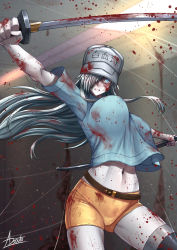 Rule 34 | 1girl, adsouto, baseball cap, belt, black thighhighs, blood, blood on clothes, blood on face, bloody weapon, blue eyes, blue shirt, bouncing breasts, breasts, brown belt, clenched teeth, fighting, floating hair, hair over one eye, hat, hataraku saibou, hataraku saibou black, highres, holding, holding sheath, holding sword, holding weapon, katana, large breasts, long hair, looking at viewer, midriff, navel, sheath, shirt, short shorts, short sleeves, shorts, signature, silver hair, solo, stomach, sword, t-shirt, teeth, thighhighs, u-1196, very long hair, weapon, white hat, yellow shorts