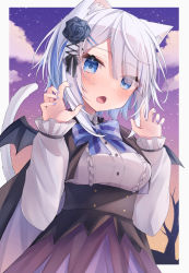 Rule 34 | 1girl, animal ear fluff, animal ears, black cape, black flower, black rose, blue bow, blue eyes, blue hair, blue nails, blush, bow, breasts, cape, cat ears, cat girl, cat tail, center frills, cloud, colored inner hair, commentary request, fang, flower, frills, grey hair, grey wings, hair flower, hair ornament, hairclip, halloween, hands up, high-waist skirt, highres, long sleeves, looking at viewer, medium breasts, mini wings, multicolored hair, nail polish, open mouth, original, puffy long sleeves, puffy sleeves, purple skirt, ringouulu, rose, skirt, sky, sleeves past wrists, solo, star (sky), starry sky, striped, striped bow, sunset, tail, tail raised, twitter username, two-tone hair, wings