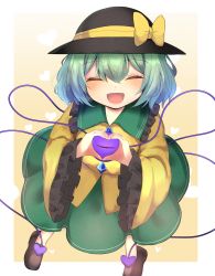Rule 34 | 1girl, :d, absurdres, bad id, bad twitter id, black hat, blouse, blush, bow, closed eyes, floral print, frilled shirt collar, frilled sleeves, frills, from above, green hair, green skirt, happy, hat, hat bow, hat ribbon, heart, heart hands, heart of string, highres, komeiji koishi, leon0705, long sleeves, looking at viewer, open mouth, ribbon, shirt, short hair, skirt, smile, solo, third eye, touhou, wide sleeves, yellow bow, yellow shirt