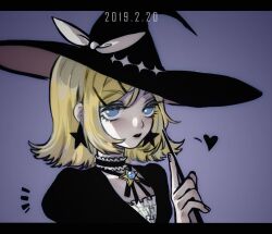 Rule 34 | 1girl, alternate costume, black hat, black lips, blonde hair, blue eyes, blue gemstone, bow, choker, colored eyelashes, dated, earrings, flipped hair, frills, gem, hair ornament, hairclip, hand up, hat, hat bow, heart, highres, holding, holding wand, index finger raised, jewelry, jungujun, kagamine rin, letterboxed, lipstick, looking at viewer, makeup, purple background, short hair, simple background, solo, star (symbol), star earrings, star ornament, upper body, vocaloid, wand, witch, witch hat