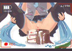 Rule 34 | 1girl, battery indicator, birthday, birthday cake, black skirt, black sleeves, black thighhighs, blue hair, blue nails, blue necktie, cake, candle, censored, commentary, convenient censoring, cum, cum on food, cum on legs, detached sleeves, english commentary, feet out of frame, female pubic hair, food, grey vest, hatsune miku, head out of frame, highres, hottodg, letterboxed, long hair, midriff peek, mosaic censoring, navel, necktie, no panties, pleated skirt, pubic hair, simple background, sitting, skirt, solo, spread legs, thighhighs, twintails, very long hair, vest, viewfinder, vocaloid, white background