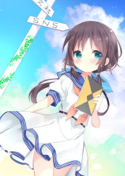 Rule 34 | 1girl, blue sailor collar, blue sky, blush, brown hair, brown neckerchief, closed mouth, cloud, copyright request, day, dress, dutch angle, green eyes, highres, holding, kouda suzu, long hair, neckerchief, outdoors, puffy short sleeves, puffy sleeves, sailor collar, sailor dress, short sleeves, sky, smile, solo, translation request, very long hair, white dress