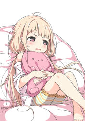 Rule 34 | 1girl, ahoge, bare shoulders, bean bag chair, bike shorts, blonde hair, blush, brown eyes, character name, crossed legs, dot nose, feet out of frame, futaba anzu, hair tie, hugging doll, hugging object, idolmaster, idolmaster cinderella girls, kuresuku (lessons), long hair, looking to the side, low twintails, oversized clothes, oversized shirt, pink stuffed animal, shirt, short hair, sidelocks, sitting, solo, stuffed animal, stuffed rabbit, stuffed toy, sweat, twintails, v-shaped eyebrows, wavy mouth