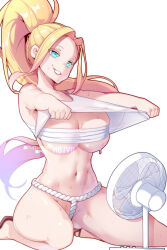 Rule 34 | 1girl, beatrix amerhauser, blonde hair, blue eyes, breasts, chest sarashi, clenched teeth, commentary, electric fan, english commentary, fundoshi, highres, hot, hot vr, japanese clothes, large breasts, lifting own clothes, long hair, navel, patreon username, ponytail, sarashi, shirt, simple background, sitting, smile, solo, sweat, teeth, thighs, white background, white shirt, zom 100: zombie ni naru made ni shitai 100 no koto