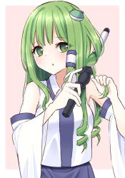 Rule 34 | 1girl, absurdres, bare shoulders, blush, border, breasts, collared shirt, curling iron, detached sleeves, eyes visible through hair, frog hair ornament, green eyes, green hair, grey skirt, hair ornament, hair tubes, hands up, highres, kochiya sanae, long hair, long sleeves, looking to the side, medium breasts, open mouth, pink background, shirt, simple background, skirt, snake hair ornament, solo, standing, stigma1101, touhou, white border, white shirt, wide sleeves