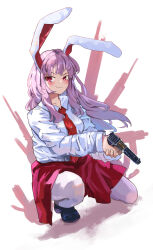 Rule 34 | 1girl, absurdres, animal ears, black footwear, closed mouth, collared shirt, commentary, english commentary, full body, gun, highres, holding, holding gun, holding weapon, long hair, long sleeves, necktie, purple hair, rabbit ears, rabbit girl, red eyes, red necktie, red skirt, reisen udongein inaba, shirt, simple background, skirt, smile, solo, squatting, touhou, vanilla flan, weapon, white background, white shirt