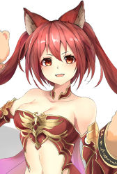 Rule 34 | 1girl, :d, animal ears, breasts, cerberus (shingeki no bahamut), cleavage, collarbone, detached sleeves, floating hair, gloves, long hair, luse maonang, medium breasts, midriff, navel, open mouth, red hair, shingeki no bahamut, simple background, smile, solo, stomach, twintails, upper body, very long hair, white background