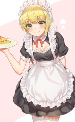 Rule 34 | 1girl, apron, arm behind back, black dress, blonde hair, blush, bottle, breasts, cleavage, commentary request, dress, food, green eyes, highres, holding, holding bottle, holding plate, idolmaster, idolmaster cinderella girls, idolmaster cinderella girls starlight stage, looking at viewer, maid, maid apron, maid headdress, medium breasts, miyamoto frederica, omelet, omurice, plate, red ribbon, ribbon, short hair, shoukichi (shony), smile, solo, white apron