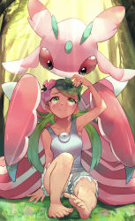 Rule 34 | 1girl, 1other, absurdres, arm up, barefoot, closed mouth, creature, creatures (company), crying, dark-skinned female, dark skin, feet, flower, forest, game freak, gen 7 pokemon, grass, green hair, hair flower, hair ornament, highres, long hair, looking at viewer, lurantis, mallow (pokemon), nature, nintendo, on floor, orr (kkkkbbbbc), outdoors, overalls, pokemon, pokemon (creature), pokemon sm, sitting, smile, tears, toes, tree, twintails