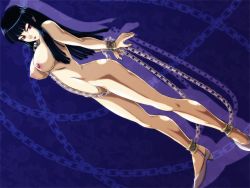 Rule 34 | 1girl, bdsm, between legs, black hair, bondage, bound, breasts, chain, collar, cuffs, cuffs-to-collar, dutch angle, high heels, highres, hime cut, large breasts, long hair, nipples, nude, original, pink eyes, shoes, slave, solo, tappa (esperanza)