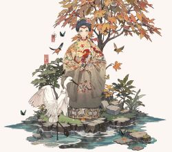 Rule 34 | 1girl, absurdres, anata no utahime (lzr13708949567), autumn leaves, bird, black hair, braid, branch, bug, butterfly, chinese clothes, closed mouth, crane (animal), floral print, flower, full body, grey eyes, hair flower, hair ornament, hanfu, highres, holding, insect, japanese clothes, kimono, leaf, long sleeves, looking at viewer, original, pond, rock, sash, simple background, sitting, solo, standing, tree, water, white background, yuanlingshan