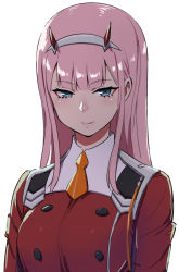 Rule 34 | 10s, 1girl, aqua eyes, bad id, bad pixiv id, darling in the franxx, green eyes, hairband, hori (hori no su), horns, long hair, looking at viewer, pink hair, simple background, smile, solo, uniform, upper body, white background, zero two (darling in the franxx)