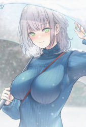 Rule 34 | 1girl, between breasts, blue sweater, blush, breasts, closed mouth, green eyes, highres, holding, holding umbrella, hololive, large breasts, looking at viewer, ribbed sweater, shirogane noel, short hair, smile, snow, solo, sweater, terebi (shimizu1996), turtleneck, turtleneck sweater, umbrella, virtual youtuber, white hair