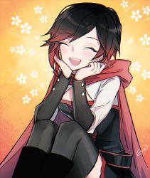 Rule 34 | 1girl, ^ ^, artist name, black hair, blush, boots, breasts, cape, cleavage, closed eyes, corset, ecru, closed eyes, happy, hood, hooded cape, multicolored hair, open mouth, red hair, ruby rose, rwby, smile, solo