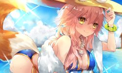 Rule 34 | 10s, 1girl, animal ears, bad id, bad pixiv id, bikini, blue bikini, blush, breasts, cleavage, ears through headwear, fate/extra, fate/grand order, fate (series), fox ears, fox tail, hat, highres, ichinosenen, jewelry, large breasts, looking at viewer, necklace, ocean, pink hair, solo, sweat, swimsuit, tail, tamamo (fate), tamamo no mae (fate/extra), tamamo no mae (swimsuit lancer) (fate), tamamo no mae (swimsuit lancer) (third ascension) (fate), water, yellow eyes