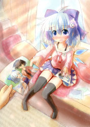 Rule 34 | 1boy, 1girl, ^ ^, alternate costume, black thighhighs, blue eyes, blue hair, blush, bow, circled 9, cirno, closed eyes, contemporary, couch, faceless, faceless male, fairy, hair bow, hair ornament, hairclip, heart, ice, long sleeves, loose clothes, loose shirt, matching hair/eyes, miniskirt, one eye closed, open mouth, photo (object), pillow, pov, shirt, short hair, sitting, skirt, smile, sunlight, thighhighs, touhou, wings, yurume atsushi