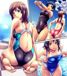 Rule 34 | 4girls, :p, ass, back, bare shoulders, barefoot, black hair, blue eyes, brown eyes, brown hair, competition swimsuit, feet, hair ornament, hairclip, highres, kneeling, multiple girls, nagayori, one-piece swimsuit, one eye closed, original, red eyes, short hair, soles, swimsuit, tongue, tongue out, twintails, wet, wink