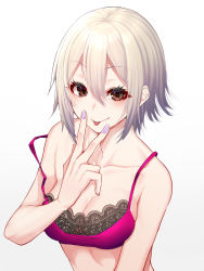 Rule 34 | 1girl, arm at side, bare arms, bra, breasts, brown eyes, cleavage, collarbone, eyelashes, hair between eyes, highres, idolmaster, idolmaster cinderella girls, lace, lace-trimmed bra, lace trim, looking at viewer, medium breasts, mikan (chipstar182), nail polish, pink bra, purple nails, shiomi syuko, short hair, sidelocks, silver hair, smile, solo, strap slip, tongue, tongue out, underwear, underwear only, upper body, v over mouth, white background