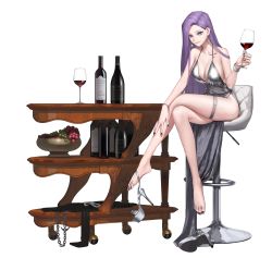 Rule 34 | 1girl, absurdres, artist request, bad source, black survival, bottle, breasts, cleavage, closed mouth, cup, dress, drinking glass, earrings, grey dress, grey footwear, hand on own leg, hand up, high heels, highres, holding, holding cup, jewelry, laura (black survival), long hair, looking at viewer, medium breasts, mole, mole under eye, official alternate costume, official art, on chair, purple eyes, purple hair, shoes, unworn shoes, sitting, solo, thigh strap, transparent background, wine bottle, wine glass